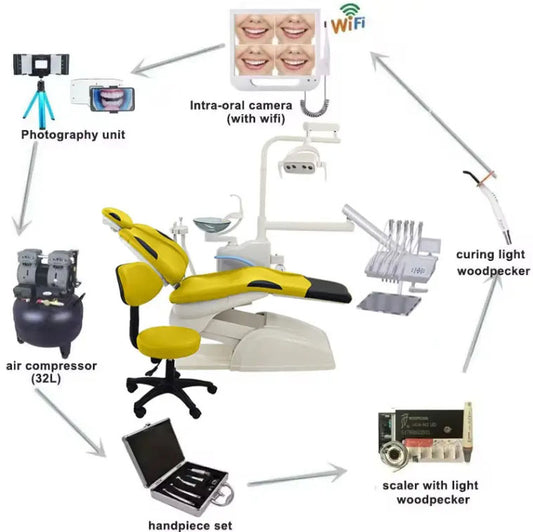 Factory Price Sada Medical Complete Dental Chair – Ergonomic, Modern Design with LED Sensor Light & Glass Spittoon